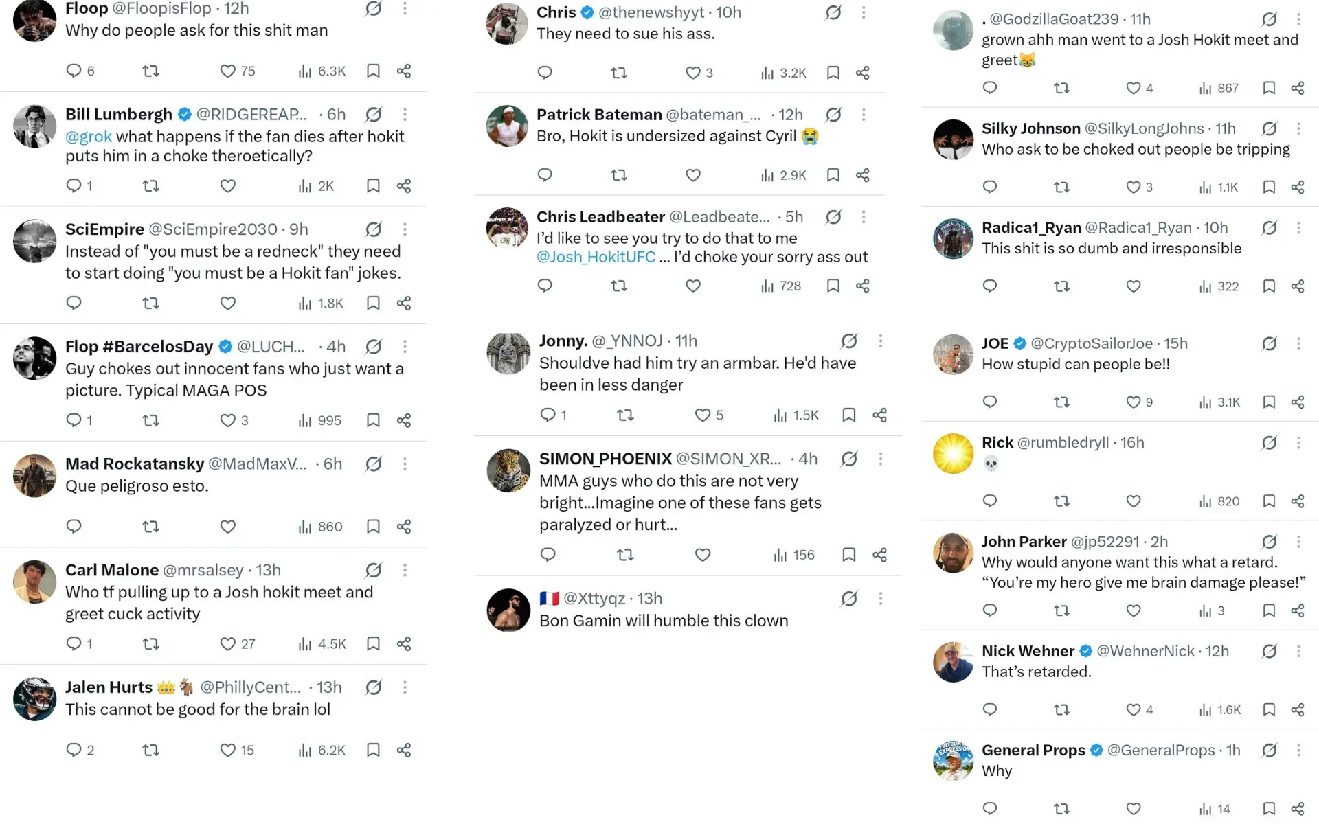 Screengrabs of fan reactions to Josh Hokit's actions at the meet-and-greet